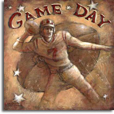 Game Day, a poster from painter Janet Kruskamp, takes the viewer back to the early days of football. A quarterback, dressed in a vintage uniform and wearing a leather helmet, cockes a football above his right shoulder ready for the touchdown pass. This warm toned poster has a background of a large football with the words Game Day curved over the top of the ball. A handful of white stars along with play diagrams of x's and o's complete the aged background. This wonderful original painting is available from the artist, Janet Kruskamp.