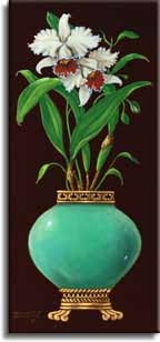 Ginger Jar with Orchids I, an original oil painting by artist Janet Kruskamp. A bulbous jade colored jar sitting on a banded bottom with claw feet, holds a pair of large orchids and it's large leaves. A classical border frames a rich brown background. This original painting will be , personally enhanced, then by Janet Kruskamp, the artist.