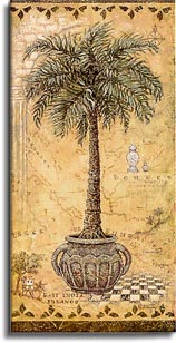 Global Palm 2, a painting of a potted palm tree on a hand painted map, one of Janet Kruskamp's Original Gouache and Rice Paper, ,  by artist Janet Kruskamp