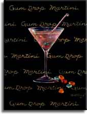 Gum Drop Martini, a giclee for sale, personally enhanced and by the artist, Janet Kruskamp illustrating a classic martini glass with a multi-colored martini inside and gum drops scattered at the base of the glass. The black background has the name Gum Drop Martini handwritten in multiple lines across the background.