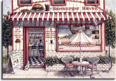Hamburger Haven, a painting of an old-fashioned hamburger shop with a table on the sidewalk out front and a dog waiting patiently at the door while pigeons hunt for crumbs under the table outside. One of Janet Kruskamp's Paintings in her Figure and Genre Gallery of original oil paintngs by Janet Kruskamp.