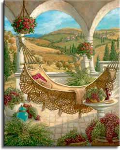 Harvest Celebration 2, an idylic scene featuring a hammock slung between two pillars of an arched dome decorated by hanging flower baskets. Rolling dry hillsides punctuated by green fields form the background through the pillars. Trees, in fall colors and evergreens, dot the landscape along the winding road to the horizon. The fruits of the harvest surround the hammock and table, framed by green plants and a bright aquamarine jar. An original oil on canvas available directly from the artist, Janet Kruskamp. 