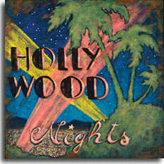 Hollywood Nights, a nostalgic look back at Hollywood in it's heyday, is one of artist Janet Kruskamp's vintage movie posters. With colors reminiscent of pink flamingos, the green outline of palm trees on the hill shows the bright multicolored lights of the Los Angeles basin backed by the low black hills behind. Pink and yellow spotlight beams cross in an X pattern behind the words HOLLY WOOD NIGHTS. A starry sky on top complete the idyllic version of the Mecca of movies. 