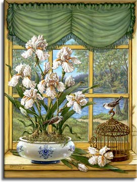 Janet Kruskamp's Paintings - Irises by the Lake, a painting of a wide white porcelain planter with blue decoration holding white iris plants sitting on a window sill overlooking a small lake outside. A small bird sits atop a small wire cage on the sill next to the planter and cut irises. One of the Gardens and Florals Gallery of Original Oil Paintings and  original paintings by Janet Kruskamp