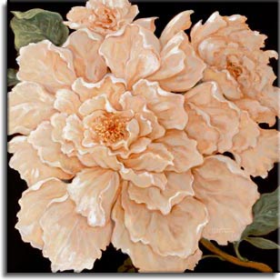 Janet Kruskamp's Paintings - Ivory Peonies, an original oil painting of lovely pastel ivory colored peonies. The flowers take up nearly the entire square painting with just a few leaves and a glimpse of stem in some corners. The petals start off as small, curled protectively around the center. As they unfold, the get larger and larger until they are four or five times the size of the ones in the center. One of the Still Lifes Gallery of Original Oil Paintings and  original paintings by Janet Kruskamp
