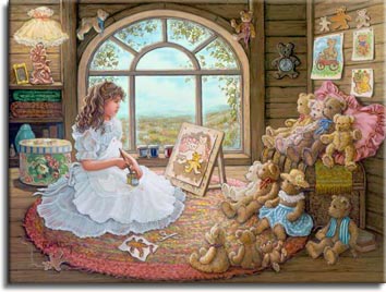 Jenny Paints Her Bears, a painting of a young girl with curly brown hair in the attic in front of a bright window painting her large collection of teddy bears sitting on and around an old trunk. The attic is decorated with other paintings of her teddy bears as well as other teddy bear memorabilia. One of Janet Kruskamp's Paintings - Figure and Genre Gallery - Original Oils and  Original Oil Paintings, by Janet Kruskamp.