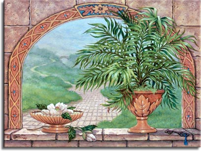 Key to Yesterday, a painting of potted palm in Neo Classical container and white blossoms grace the ledge of an archway that frames a misty scene with a stone pathway leading to an arched bridge in the distance, one of Janet Kruskamp's Original Oil Paintings, ,  by artist Janet Kruskamp