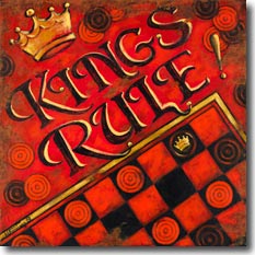 Kings Rule, another original painting available from Janet Kruskamp Studios. Checkers is the game, and this poster brings it to life. A bright red background with black and red checkers sit under the fancy type 3D words KINGS RULE! A gold crown is balanced by the corner of a checkerboard bordered in gold in the lower right. Very worn edges with rust show the age of this vintage poster. This brightly colored painting is available for purchase as an acrylic on canvas painting by the artist Janet Kruskamp.