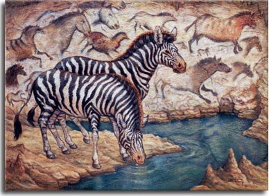 Lascaux Cave Revisited, an original oil and mixed media on canvas by artist Janet Kruskamp. A pair of zebras stand at the edge of a cave pool, the rock wall behind them echo the fluid equine form in cave paintings replicated from the Lascaux Cave in southwest France. Stalagmites on the edges of the crystal blue pool stick up from the rock ground as one zebra stands guard while the other drinks. The horse paintings are the foremost example of neolithic equine art, reflecting an intimate knowledge of the natural world by early humans over one hundred and seventy centuries ago.