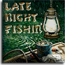 Late Night Fishin', another new poster from artist Janet Kruskamp, depicts a late night fishing trip, the lantern hung high, the bobber floating on the water connected to the pole leaning over the side of the boat. An old bait bucket, lure, net and bobber sit on and in the boat. The dark background is speckled with fireflies and on the left side in rustic capitals is the title LATE NIGHT FISHIN. Order this and other original paintings directly from the artist, Janet Kruskamp.