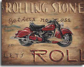 Let's Roll, another new poster from artist Janet Kruskamp, features a fabulous classic red Indian motorcycle with the words "A Rolling Stone gathers no moss. Let's ROLL" around this classic motorcycle. The distressed look of the surface of the poster, worn, scratched and dirty, adds to the presentation of this vintage motorcycle from the 40's.  Indian is America's oldest motorcycle brand and was once the largest manufacturer of motorcycles in the world. Featured in this poster, the Chief model had its heyday from 1922 to 1953. Used in both World Wars, the Indian motorcycles had a well-deserved reputation for being built like a rock. Order your own original painting of this historic motorcycle.