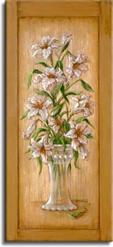 Janet Kruskamp's Paintings - Lily Cupboard, an original oil painting on an antique cupboard of an elegant vase holding an arrangement of lilies. One of the Gardens and Florals Gallery of Original Oil Paintings and  original paintings by Janet Kruskamp