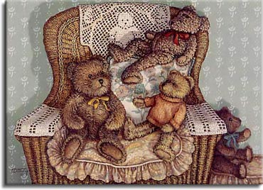 Lounging Around, a painting of three teddy bears on a cushioned wicker chair wearing a teddy bear design doily, one of the Janet Kruskamp Teddy Bear Gallery of original oils and  Original Oil Paintings by Janet Kruskamp