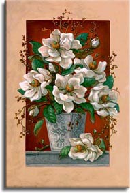 Janet Kruskamp's Paintings - Magnolias En Rouge, an original oil painting showing a lovely vase of cut magnolia blossoms coming through in front of the frame in the painting. A deep rich red wall is contrasted by the white petals and light grey classical vase on a gray shelf. A lone magnolia blossom lays next to the vase on the shelf. One of the Still Life Gallery of Original Oil Paintings and  original paintings by Janet Kruskamp
