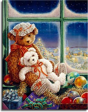 Molly and Sugar Bear, a new painting for Christmas 2007 of Molly Bear holding her fuzzy little white bear Sugar. Molly is dressed for the holidays, wearing matching white crocheted hat and booties, both tied with a coordinating red and gold ribbon to match the wider one around her neck. Molly is sitting in the window sill in front of the frosty window panes, overlooking a brightly lit Christmas scene including a large decorated and lit Christmas tree and the lit windows of houses and a church steeple. In front of Molly is a box of Christmas Tree ornaments and a few colorfully wrapped presents. One of the Janet Kruskamp Teddy Bear Gallery of Original Paintings by Janet Kruskamp