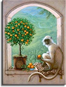 Monkey and Orange Tree, a painting of a monkey resting on a leopard skin pillow sampling an orange from an orange topiary tree, one of Janet Kruskamp's Original Oil Paintings, ,  by artist Janet Kruskamp