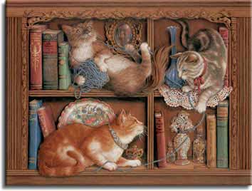 Morning Mischief, a painting by Janet Kruskamp showing three cats playing with a roll of yarn on a pair of bookcase shelves- Cat Paintings Gallery -  original paintings, by Janet Kruskamp.