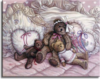 Nap TIme, a painting of three teddy bears reclining on the lace pillows of a comfy bed, one of the Janet Kruskamp Teddy Bear Gallery of  Original Oil Paintings by Janet Kruskamp