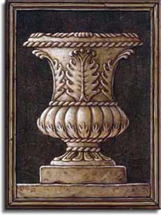 Neo Classical Urn, a painting of a classical style round urn sitting on top of a square base and finally all sitting on another level. The ornately carved urn narrows to a small diameter before spreading out at the base. The dark chocolate colored background is bordered by a dimensional wooden frame. This is a new giclee , personally enhanced and by artist Janet Kruskamp.