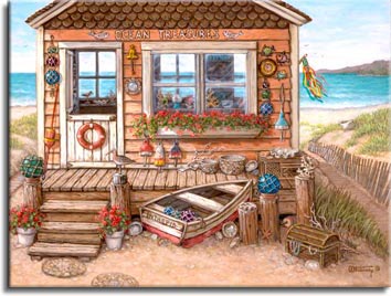 Ocean Treasures, another giclee,  personally enhanced and then hand by the artist, Janet Kruskamp. This adorable little one room building at the seashore holds treasures inside and out. An old rowboat named Intrepid nestles among the short pilings in front of the plank porch. Round colored glass floats in fishing nets decorate the posts and hang down from the side of the building. Shells, driftwood sculptures and a closed sea ches with mysterious strands of shells decorate the landscape and porch.
