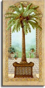 Palm Tree in Basket 1, a painting of a palm tree in a decorative basket planter, inside an open arch and in front of another arch framing the garden of the palace, one of Janet Kruskamp's Original Oil Paintings, ,  by artist Janet Kruskamp