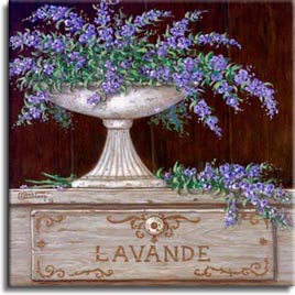 Paquet de Lavande. You can almost smell the sweet lavender displayed in this giclee. The soft purple lavender is over flowing in an antique vase, resting on a beautiful hand crafted, wooden storage box. One of Janet Kruskamp’s wonderful  giclees  by the artist herself. 