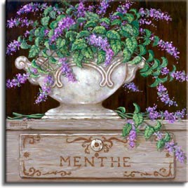 Paquet de Menthe - Janet used bright purples and greens in Paquet de Menthe. Another antique vase is filled with menthe that overflows onto the engraved menthe box. Such detail in all four herb still lifes and the vast contrast in colors makes each one different and beautiful. Individually they are gorgeous, displayed together they are magical.  