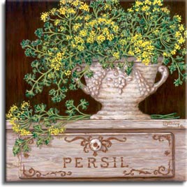 Paquet de Persil. Lovely soft yellow flower buds and pale green leaves are shown here stuffed in an antique vase. The porcelain vase sits proudly on the Persil display box. This oil painting is lighter in color but still has the power and presence of any piece done by Janet Kruskamp. Like all of Janet’s original paintings, this too has been hand by the artist. 