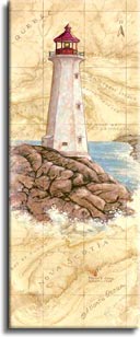 Peggys Cove Light, a painting of a lighthouse painted against a hand painted map, showing the region and the spot where the lighthouse is located, one of Janet Kruskamp's original paintings,  by artist Janet Kruskamp
