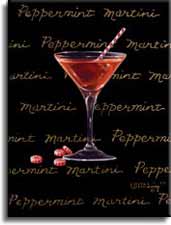 Peppermint Martini, a giclee for sale, personally enhanced and by the artist, Janet Kruskamp illustrating a classic martini glass with a red colored martini inside and peppermints scattered at the base. The black background has the name Peppermint Martini handwritten in multiple lines across the background.