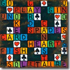 Play Cards, another original painting available from Janet Kruskamp Studios. This colorful image features card game related words in a crossword layout, including hearts, spades, gin, fish, go, play, cards and canasta. Interspersed in the layout are card suits symbols: hearts, spades, diamonds and clubs. The sign is heavily weathered, especially around the edges, showing rusted worn areas. This painting is available for purchase as an original oil or acrylic on canvas painting by the artist Janet Kruskamp.