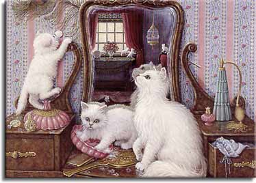 Purr-fect Reflection, a painting by Janet Kruskamp of a fluffy white mama cat and her two matching kittens playing on a dresser top with the dresser mirror reflecting the cats and the room behind, part of the Cat Paintings Gallery of original oil paintngs by Janet Kruskamp.