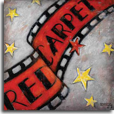 Red Carpet 2, an original painting by artist Janet Kruskamp, turns the red carpet into a vintage strip of motion picture film, complete with sprockets in the film along the black edges. Golden stars contrasted by a solitary red star complete the weathered grey background. The red carpet is a long-standing tradition in Hollywood, turning movie premiers into celebrity sighting events. Throughout the decades the red carpet has been associated with expensive gowns, immaculate tuxedos and the well coiffed