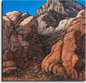 Red Rock Canyon #3, a landscape painting by artist Janet Kruskamp. This view of the red sandstone canyon walls features rocky outcroppings on either side of a wash filled with smaller rocks. Greenery clings in the protected cracks and between the rocks, mostly at the base of the canyon wall. This section of the canyon wall is highlighted by a larger layer of light colored rock at the top. One of the Interiors and Exteriors Gallery by Janet Kruskamp.