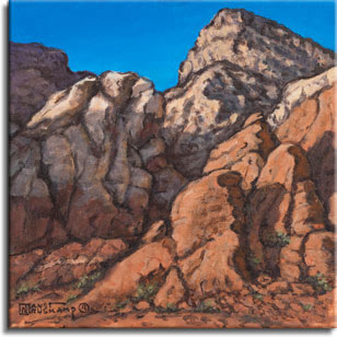 Red Rock Canyon #4, a landscape painting by world famouse artist Janet Kruskamp. Red sandstone is topped by a lighter colored layer at the top of the canyon wall, forming into a peak. Small patches of green cling to the cracks in the canyon wall, spreading out t slightly at the canyon floor. An azure blue sky contrasts with the earthy tones of the canyon wall. One of the Interiors and Exteriors Gallery by Janet Kruskamp.