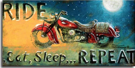 Ride, an iconic poster from artist Janet Kruskamp available as an oil on canvas. A starry, moonlit night on the right side of this vintage looking poster is washed out by the warm glow of a motorcylce headlight heading left. The beatiful red road bike features a leather saddle seat with fringe, a matching fringed saddleback is draped over the ample rear fender. The words RIDE, Eat, Sleep, REPEAT frame the vintage bike. Available in two sizes, original oil on canvas will delight any motorcycle enthusiast.