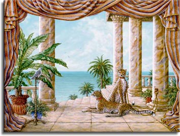 Royal Hunters, a painting of two cheetahs tied to a column at shoreline palace, one of Janet Kruskamp's original paintings,  by artist Janet Kruskamp