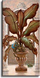 Royal Pet 1, a painting of a royal pet monkey on a potted banana tree, one of Janet Kruskamp's original paintings,  by artist Janet Kruskamp