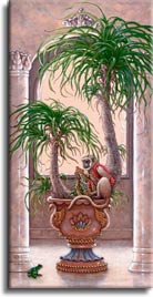 Royal Pet 2, a painting of a royal pet monkey on a potted palm tree, one of Janet Kruskamp's original paintings,  by artist Janet Kruskamp