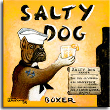 Salty Dog, another poster painting from Janet Kruskamp, shows a boxer dog dressed as a sailor with white sailor's cap and black scarf offering up a frosty drink glass rimmed with salt and garnished with a lemon wedge. A colorful anchor tatoo on the dog's arm complete the sailor motif. The recipe for a salty dog drink sits in the lower right corner of the bright sunburst yellow background on a paper scroll. One side of a black bottle is shown along the right side and going off the bottom of the painting. The title SALTY DOG across the top is balanced by the breed BOXER across the bottom. A whimsical poster by Janet Kruskamp available from the artist.