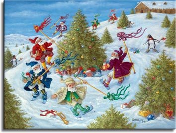 Santa's Elves Celebrate, a new holiday painting from Janet Kruskamp. Santa's Elves race around a Christmas tree in this holiday painting. Each elf, dressed in different colors with matching coat, shoes and hats, and the elves also carry a pole topped by a colorful decoration in a color that matches their dress, with ribbons streaming back as the elves race by on short pale blue skiis. Their snowy course through a hillside of Christmas trees is marked by skiing bowtied penguins holding little orange banners. Wrapped and unwrapped presents are scattered about, mostly under the Christmas trees. A large building sits at the top of the hill. A whimsical holiday painting for 2007 for sale as an Original Painting by artist Janet Kruskamp. 
