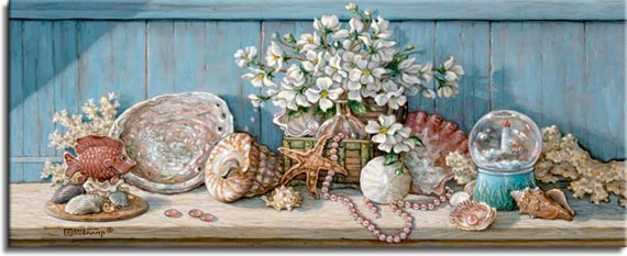 Janet Kruskamp's Paintings - Sea Shell Collection I, an original oil painting of a wooden shelf holding a sea shell collection against a light blue wooden wall. A basket with a large bouquet of white flowers is surrounded by scallop, abalone, turban, whelk shells as well as a piece of coral. An artificial tropical fish swims in front of a display on the left. A snowglobe of a lighthouse sits on the right side as a single strand of small pink shells weaves around a sand dollar and through the basket in the center. One of the Still Lifes Gallery of Original Oil Paintings and  original paintings by Janet Kruskamp