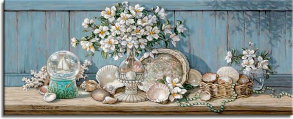 Janet Kruskamp's Paintings - Sea Shell Collection II, an original oil painting of a wooden shelf holding a sea shell collection against a light blue wooden wall. A glass vase with a large bouquet of white flowers is surrounded by half a scallop shell, a large abalone shell, whelk shells, cowries and other bivalve clam type shells. A small wicker basket holds more shells and a sand dollar. A snowglobe of a sailboat on the left as a single strand of small green shells weaves around the basket and a small water glass holding more flowers on the far right. One of the Still Lifes Gallery of Original Oil Paintings and  original paintings by Janet Kruskamp