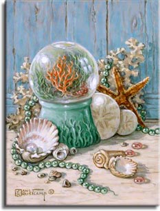 Sea Shell Collection 3, another fabulous still life from Janet Kruskamp. This painting continues the Sea Shell Collection from number one and two, with treasures from the sea on a wooden table or shelf in front of a light blue wooden wall. The wall shows the grain and surface of the wood, the wooden shelf or table the shells sit on is barely finished, showing a natural color and a lovely woodgrain. A piece of white coral sits up against the backdrop, holding a string of green pearls behind a thin starfish leaned against the coral. In the middle of the composition there is a glass ball filled with water sitting on a decorative sea green stand. The globe holds a beautiful underwater scene, with orange and green fantasy trees mimicing the decoration on the globe's base. Scattered green and pink shell beads, a few smaller shells, and an open half shell with a large white pearl make up the foreground of the painting. Another original painting for sale from artist Janet Kruskamp