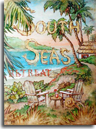 South Seas Retreat, one of the new vintage travel posters series by artist Janet Kruskamp. This lush poster is framed by the palm trees at the top and sides and vegetation across the bottom. Two wooden Adirondak style chairs sharing a small table between overlook the sparkling blue water and white sandy beach below. A thatched hut whitewashed building sits at the end of the path curving up the bluff. A bright tropical drink complete with paper umbrella sits on the small table between the chairs. A beach umbrella peeks out from behind the rise overlooking the beach. The words SOUTH SEAS in the middle of the poster are made of light brown grasses, the S letters tied at the ends to keep them together. a rough straw hat on one of the chairs completes the idyllic tropical setting. This original painting is available from the artist, Janet Kruskamp.