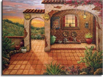 Southwest Sunset, another Americana painting by Janet Kruskamp depicting a southwestern United States sunset. Another fine art creation depicting a front porch and patio of a southwestern adobe home. A collection of woven Indian baskets ,a mortar and pestel and native plants in glazed pots adorn the front porch.Mexican tiles are laid in the courtyard 
A cactus and succulent garden grows in the foreground.A lovely sunset of pinks,blues and oranges glows softly in the Arizona sky.