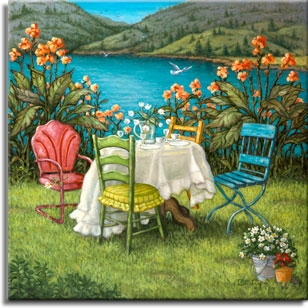 Table for Four, an idyllic painting by artist Janet Kruskamp, one of her Exterior series. In front of an azure lake a table with white tablecloth is set for four with small plates, cups and saucers, and stemware water glasses. A clear pitcher holds white flowers in the center of the table. The four chairs are a colorful mismatch, a faded red outdoor metal chair, a blue wooden slat chair with thin metal legs, a green wood with yellow seat cushion dining chair, and another wooden one. A bucket of miniature daisies and a small pot of red flowers sit on the grass in the lower right foreground and tall orange flowers behind the table frame the view of the lake. Hills rise up on the far side of the lake with two birds in the air over the lake. The original oil painting is available directly from the artist, Janet Kruskamp.