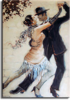 Tango Allure, an original oil painting by Janet Kruskamp available as an Original Oil Painting in various sizes. The romantic image features a man and woman tango dancers, captured at the peak of a move to the right, hands in the front are stretched high together, back legs are thrust out to the left. Her front leg is bent and between his, both dancers are fully extended in a classic pose. Her feathery scarf billows behind her neck, and the fringed bottom of her dress hangs between her legs. The dancers are posed in front of a soft white block wall, topped by the tip of a tree branch in the upper left corner.
