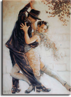 Tango Passion from painter Janet Kruskamp. Own your own Original Oil Painting of this beautiful original oil painting by artist Janet Kruskamp. The tango dancers curve together, back arms held high, the woman's back leg bent at the knee and front leg extended hehind, lowering her down to where the top of her head comes to his shoulder. The dancers perform in front of a light colored block wall, with the end of a tree branch in the upper right corner. One of the Figures and Genre gallery of paintings by artist Janet Kruskamp.