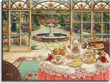 Janet Kruskamp's Paintings - Tea in the Sun Room, a painting set in the sun room overlooking a spectacular garden centering around a circular fountain and moss lined cobblestone path. Tea is set in the sun room on a table sitting on a large area rug. Tea and lemon sit in front of the full pastry tray. One of the Gardens and Florals Gallery of Original Oil Paintings and  original paintings by Janet Kruskamp